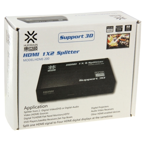 HUIYISHUN HDMI-200 1x2 HDMI Splitter for HDTV, Support 3D & Full HD 1080P (Black)