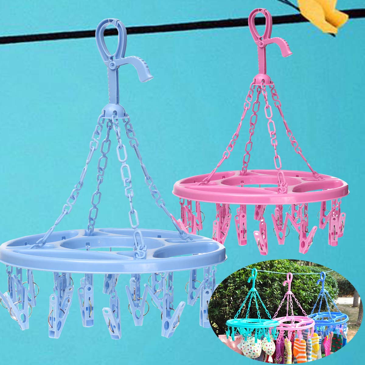 Random Color Plastic Clothes Socks Bra Drying Hanger Laundry Hanging Shelf With 18 Clips