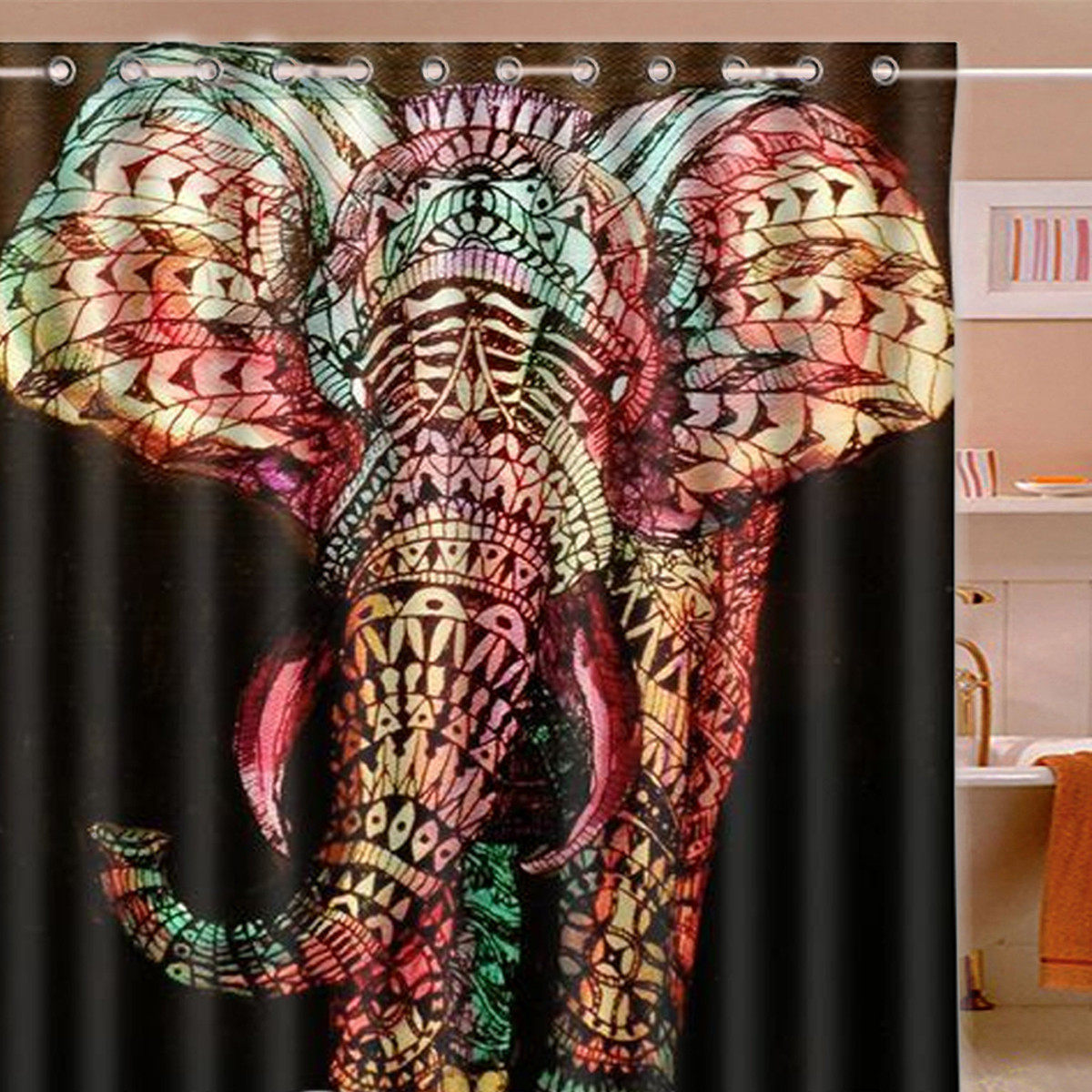 180x180cm Waterproof Colorful Elephant Polyester Shower Curtain Bathroom Decor with 12 Hooks