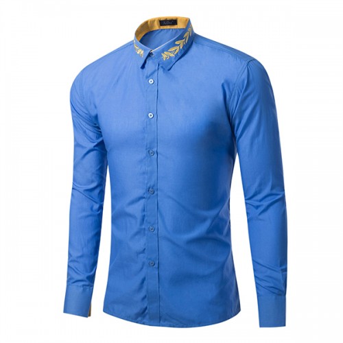 Mens Turn-down Collar Contrast Color Embroidery Long Sleeve Fashion Casual Shirt 8 Colors