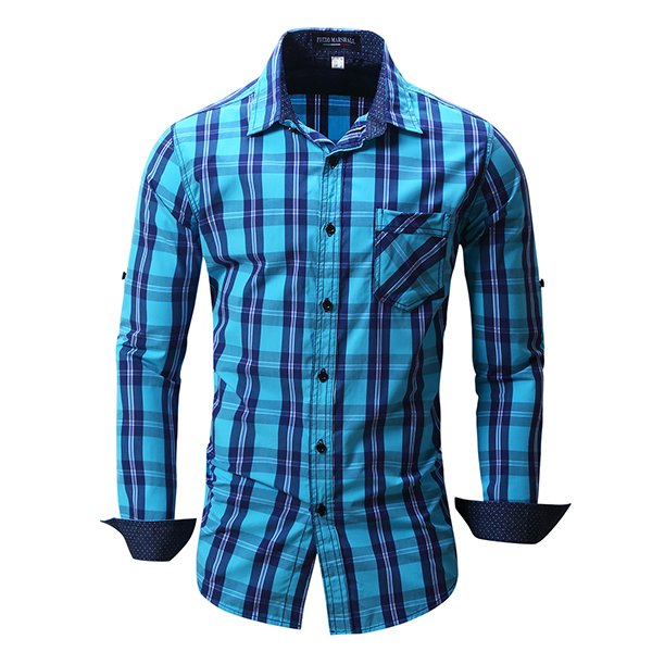Mens Plaid Fashion Casual Sticthing Long Sleeve Single-Breasted Fit Cotton Turn-Down Collar Shirt
