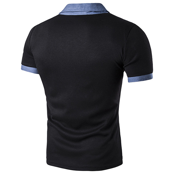 Summer Fashion Denim Splice Collar T-shirt Men's Front Pocket Short Sleeve Casual Tops Tees