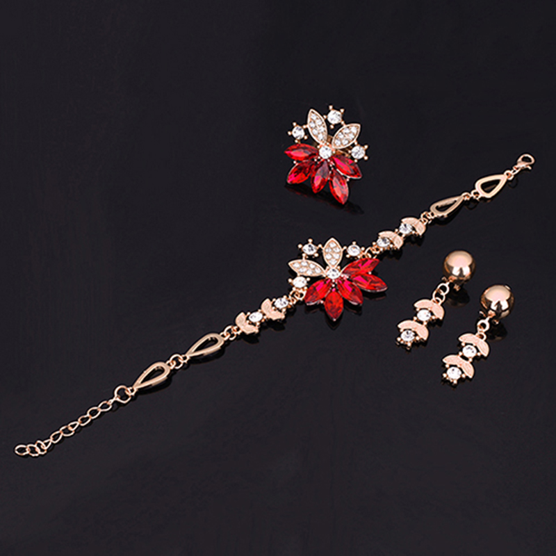 Women Gold Plated Crystal Necklace Bracelet Ring Earrings Wedding Luxury Jewelry Set