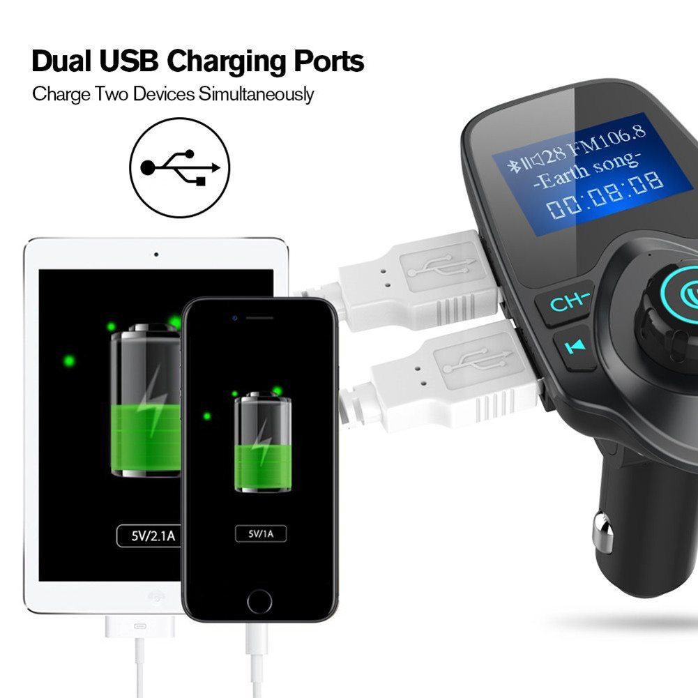 1.44'' LCD Screen Car Bluetooth FM Transmitter Hands-free Car Kits Dual USB Car Charger MP3 Player w/ MIC