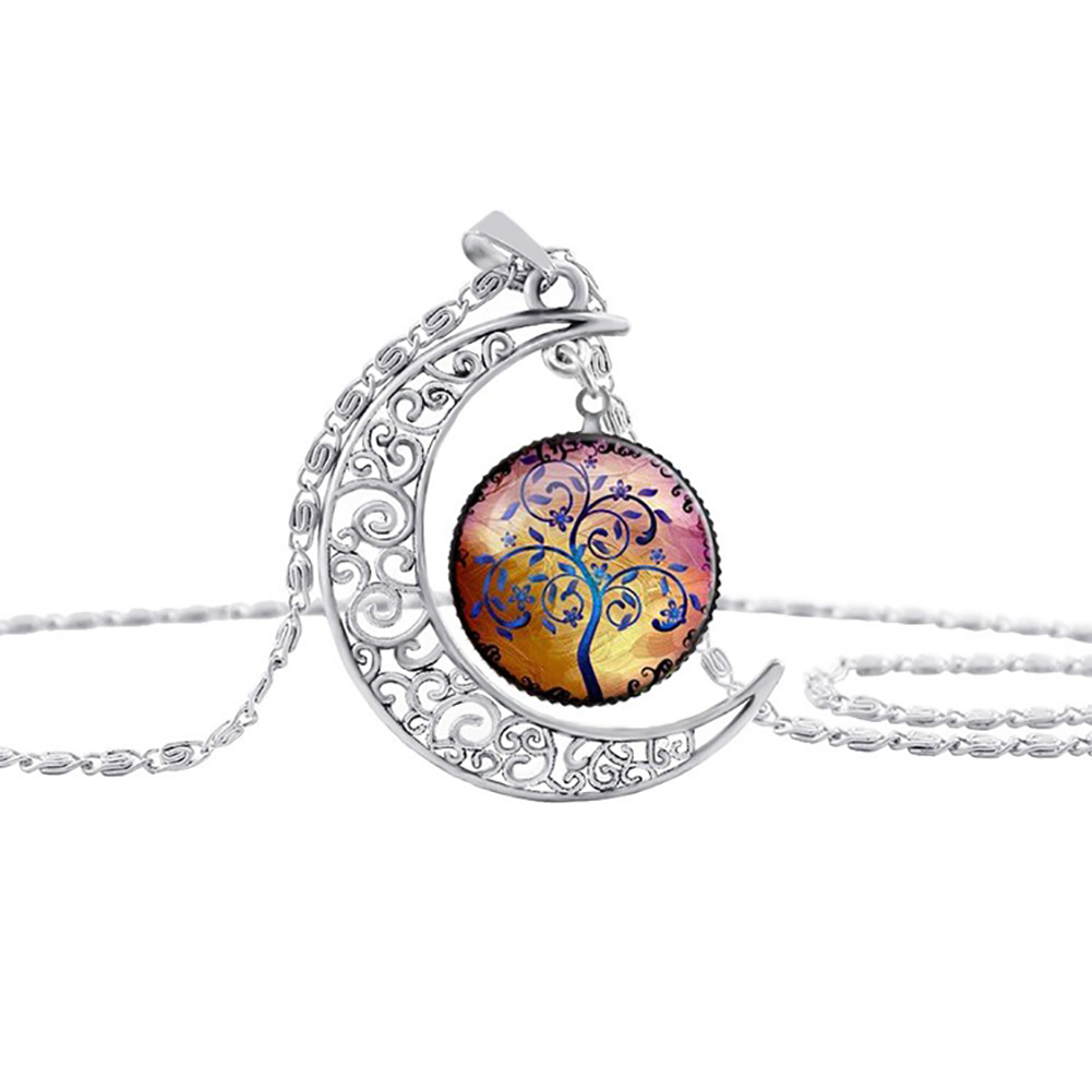 Glass Necklace Colorful Life Tree Art Picture Pendant Statement Chain Crescent Moon Gemstone For Women's Jewelry