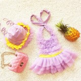 Baby Girl Princess Lace Bowknot Bikini Set Siamese Dress Cute Swimsuit with Hat, S (Purple)