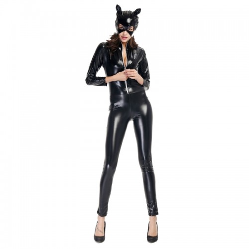 Halloween Costume Patent Leather Cat Girl Neutral Sexy Motorcycle Clothing Stage Performance Cosplay Clothing, L, Bust: 85-90cm, Waistline:72-76cm, Clothes Long:140cm