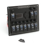 12-24V 10 Gang Boat Marine Blue LED Rocker Switch Panel Circuit Breaker Voltmeter