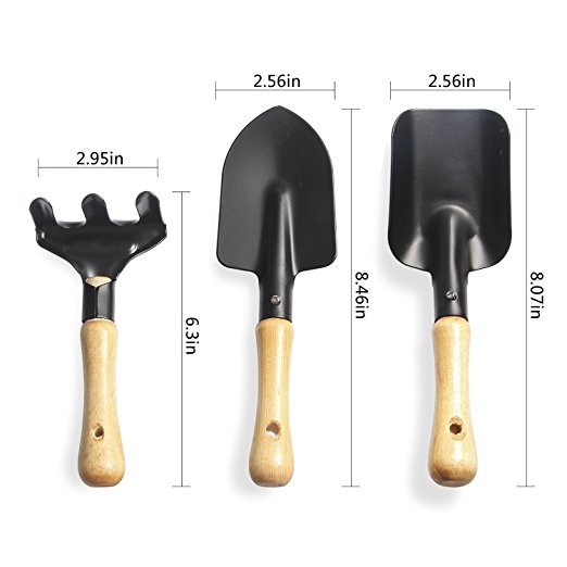3x Mini Garden Hand Tool Kit Shovel Spade Rake Trowel Wood Handle Metal Head ZY 