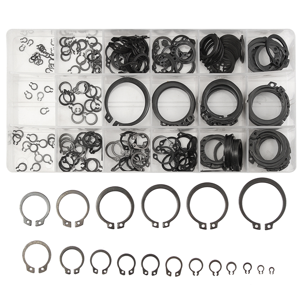 300 Pcs 18 Sizes 1 Case Black Snap Rings Circlips C-Clips Retaining Rings Metal 