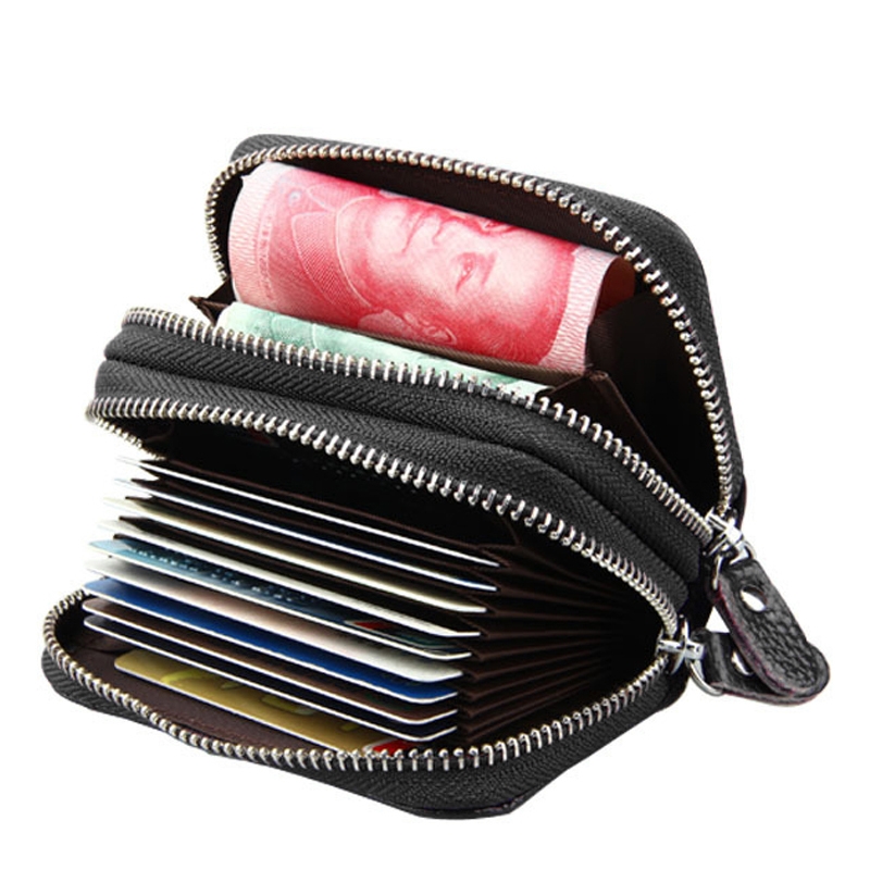 Genuine Cowhide Leather Dual Layer Solid Color Zipper Card Holder Wallet RFID Blocking Coin Purse Card Bag Protect Case with Card Slots & Coin Position (Black)