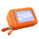 Genuine Cowhide Leather Dual Layer Solid Color Zipper Card Holder Wallet RFID Blocking Coin Purse Card Bag Protect Case with Card Slots & Coin Position (Orange)