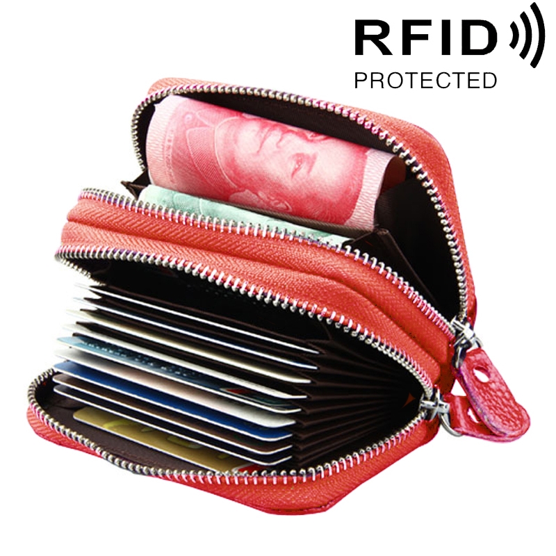 Genuine Cowhide Leather Dual Layer Solid Color Zipper Card Holder Wallet RFID Blocking Coin Purse Card Bag Protect Case with Card Slots & Coin Position (Red)