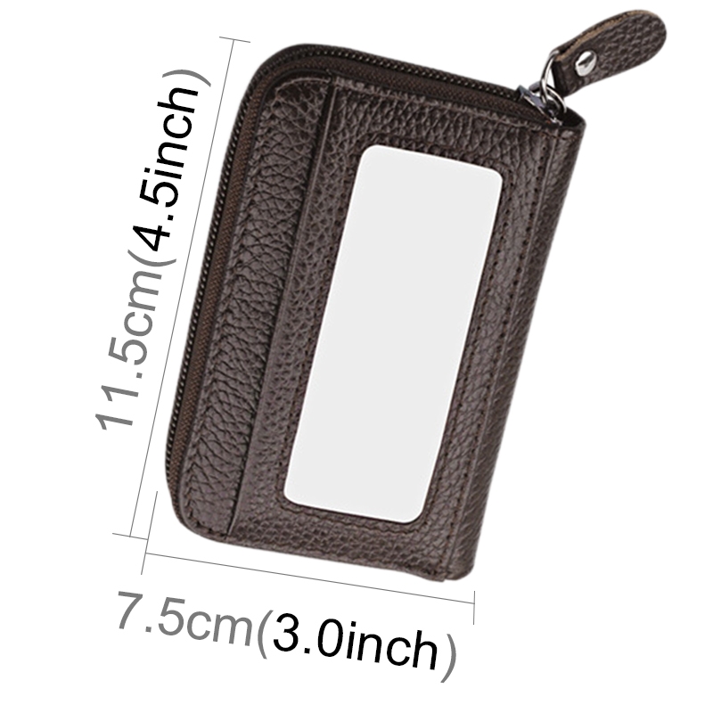 Genuine Cowhide Leather Solid Color Zipper Horizontal Card Holder Wallet RFID Blocking Card Bag Protect Case with 12 Card Slots (Coffee)