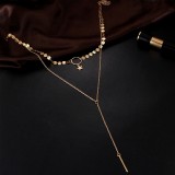 Simple Sexy Handmade Sequins Star Tassels Circle Clavicle Chain Long Pendant Double-layer Chain (Gold)