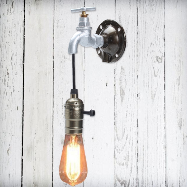 Retro Vintage Industrial Iron Water Pipe Wall Lamp Faucet Sconce Light Fixture 