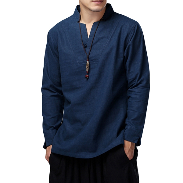 Men's Vintage Loose Casual Linen Cotton Shirts Stand Collar Long Sleeve Blouse 