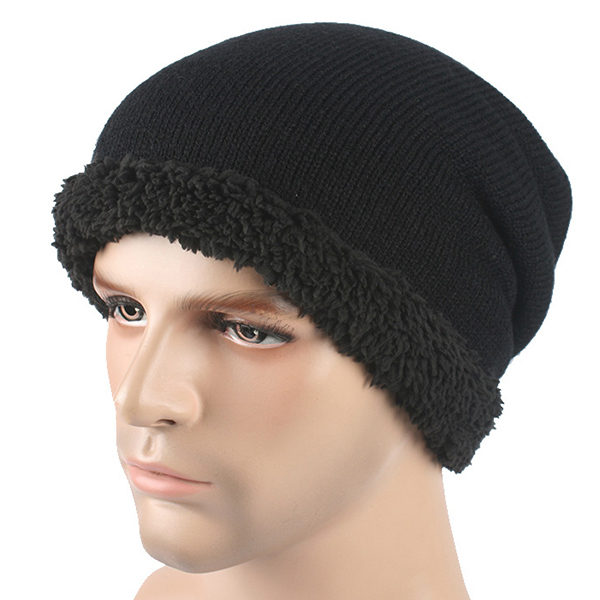 Mens Winter Plus Velvet Solid Beanie Cap Casual Warm Skullies Bonnet Hat