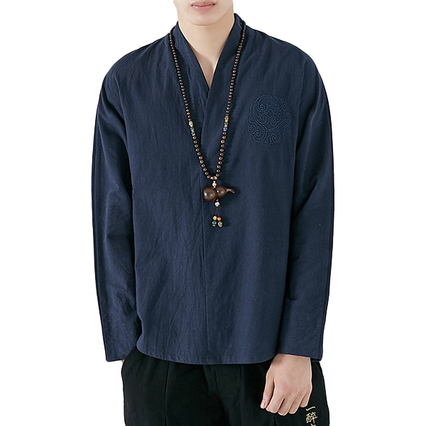 Chinese Style Embroidery V-Neck T-shirts Men's Casual Solid Color Long Sleeve Loose Tops Tees
