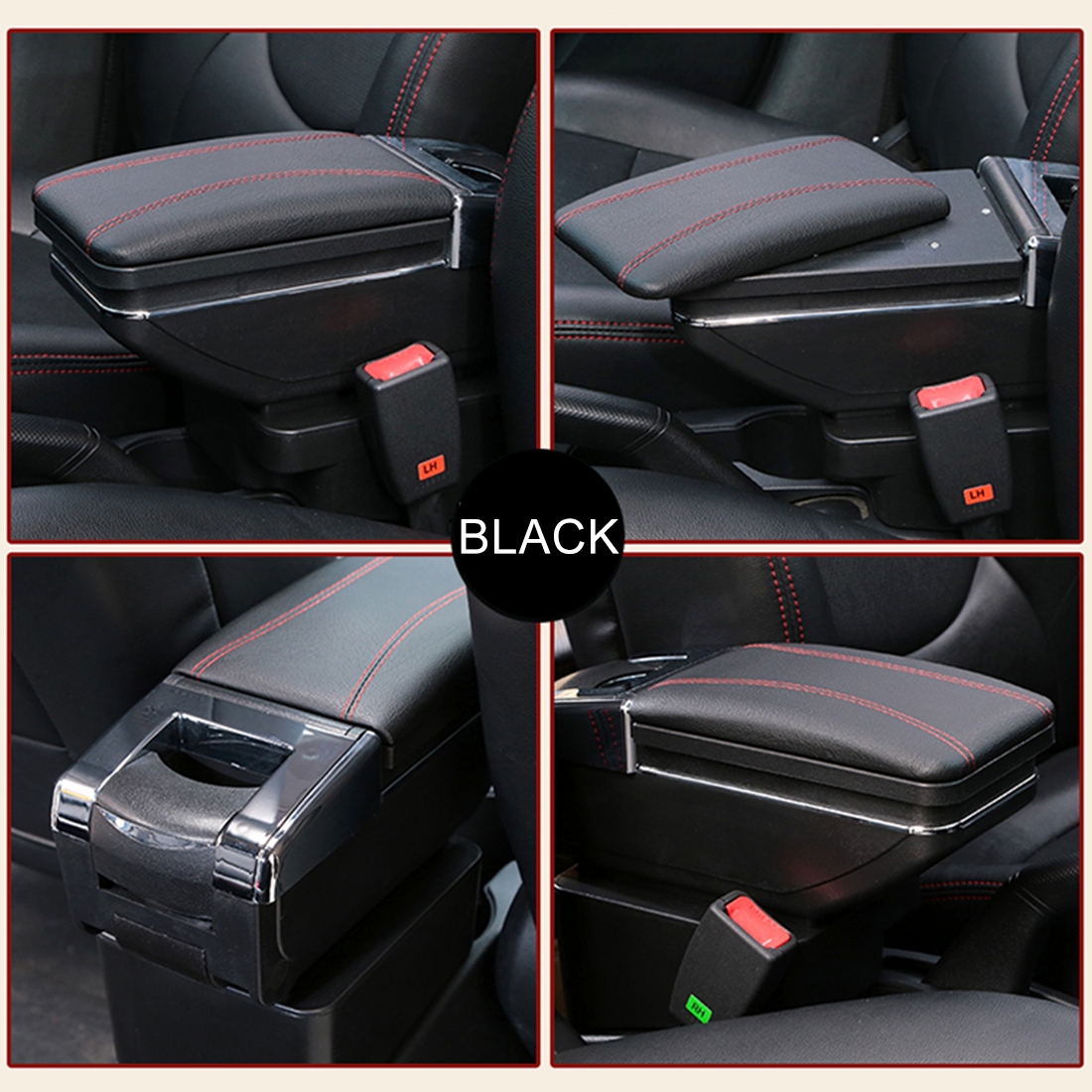 Car ABS + Leather Wrapped Armrest Box Storage Organizer Auto Cup Holder Accessories for KIA K2 2015 / 2017 Year (Black)