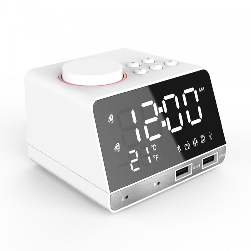 K11 Bluetooth Alarm Clock Speaker Creative Digital Music Clock Display Radio with Dual USB Interface, Support U Disk / TF Card / FM / AUX, EU Plug (White)