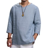 Ethnic Casual Men’s Long-sleeved V-neck Solid Color Large Size Loose T-Shirts