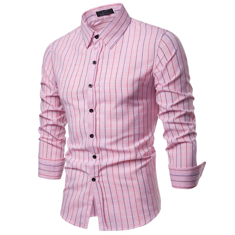 Mens Casual Business Plaid Buttons Turndown Collar Long Sleeve Shirts