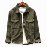 Mens Corduroy Vintage Double Pockets Loose Comfy Solid Color Turn Down Collar Coats