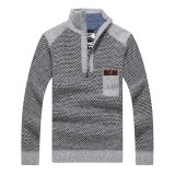 Men’s Casual Thicken Patchwork Half-Zipper Stand Collar Chest Pocket Knit Pullovers Sweaters