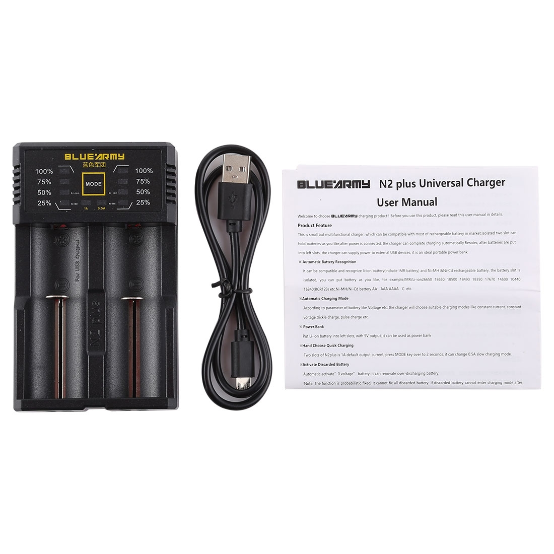 N2 PLUS Micro USB Smart Battery Charger with Indicator Light for 26650, 18650, 18500, 14500, 16340 (RCR123) IMR / Li-on Battery or AA, AAA, AAAA, C Ni-MH / Ni-Cd Battery