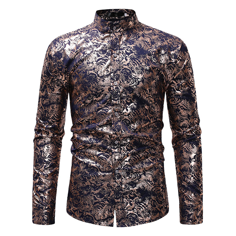 Ethnic Style Mens Casual Stand Collar Slim Fit Hot Stamping Base Print Long Sleeve Shirts