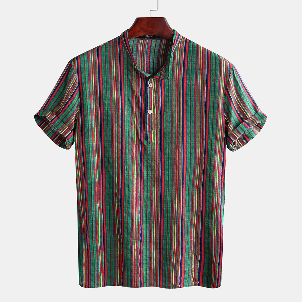 Mens Striped Vintage Ethnic Style Short Sleeve Short Shirts Tops