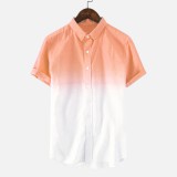 Mens Gradient Color Summer Short Sleeve Cotton Loose Fit Casual Shirts