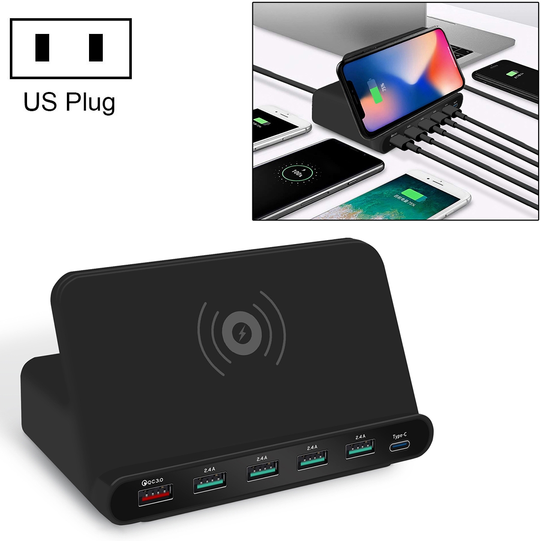 828W 7 in 1 60W QC 3.0 USB Interface + 4 USB Ports + USB-C / Type-C Interface + Wireless Charging Multi-function Charger with Mobile Phone Holder Function, US Plug (Black)