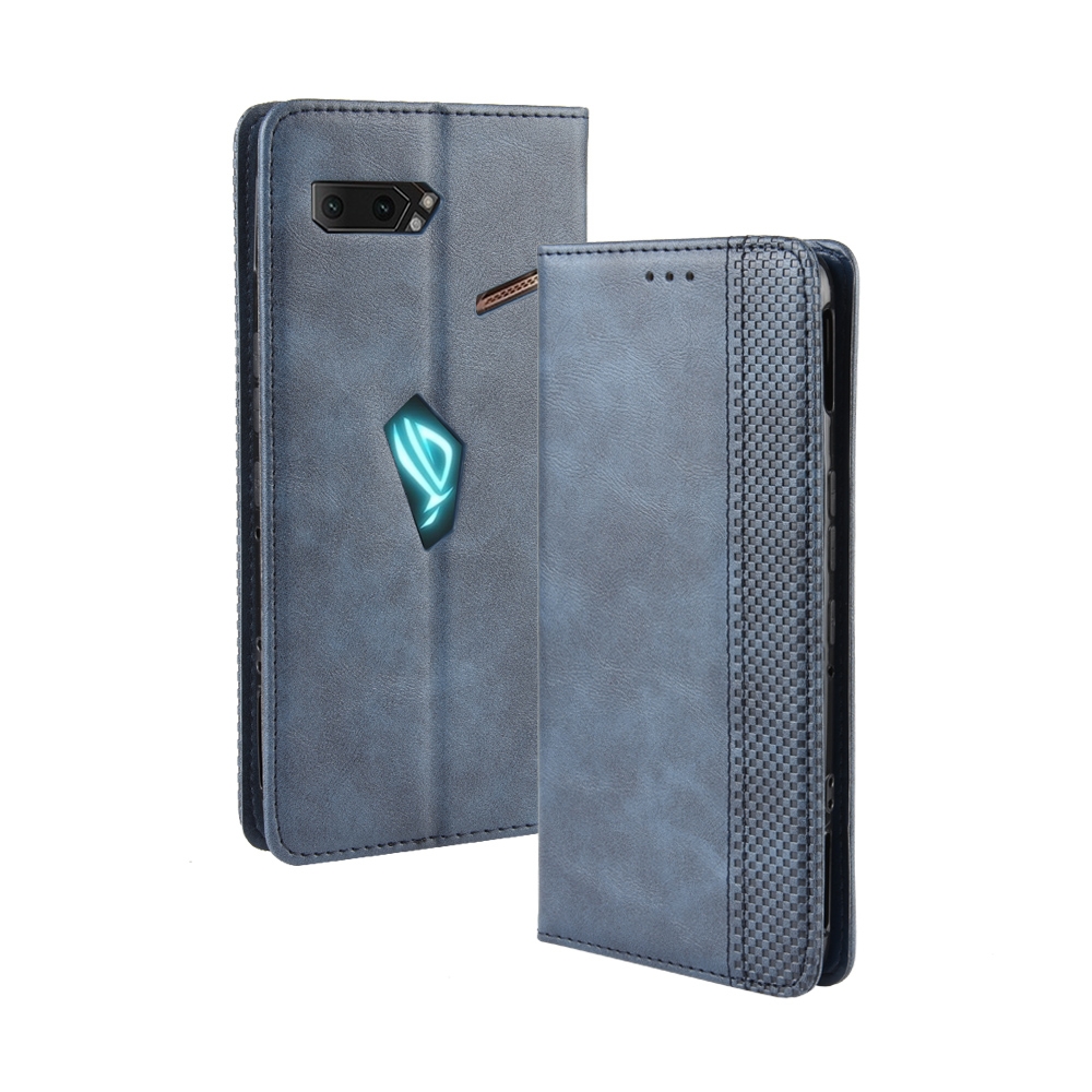 Magnetic Buckle Retro Crazy Horse Texture Horizontal Flip Leather Case for Asus ROG Phone II ZS660KL,with Holder & Card Slots & Photo Frame (Blue)