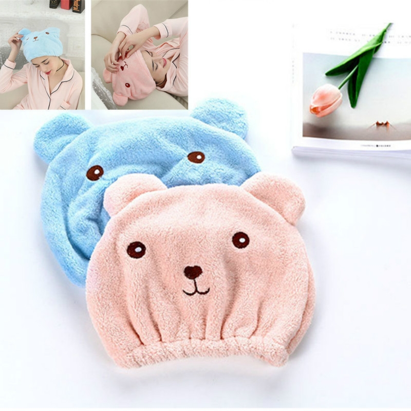 Cartoon Bear Dry Hair Cap Adult Wrapped Towels Shower Hats (Blue)