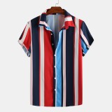 Men Color Stripe Casual Turn Down Collar Short Sleeve Shirts