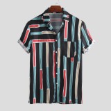 Mens Summer Fashion Stripe Printer Pocket Short Sleeve Casual Shirts