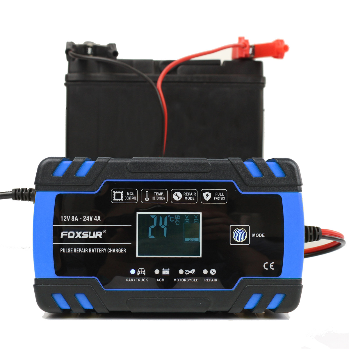 FOXSUR 12/24V 8A/4A Touch Screen Pulse Repair LCD Battery Charger Blue For Car Motorcycle Lead Acid Battery Agm Gel Wet