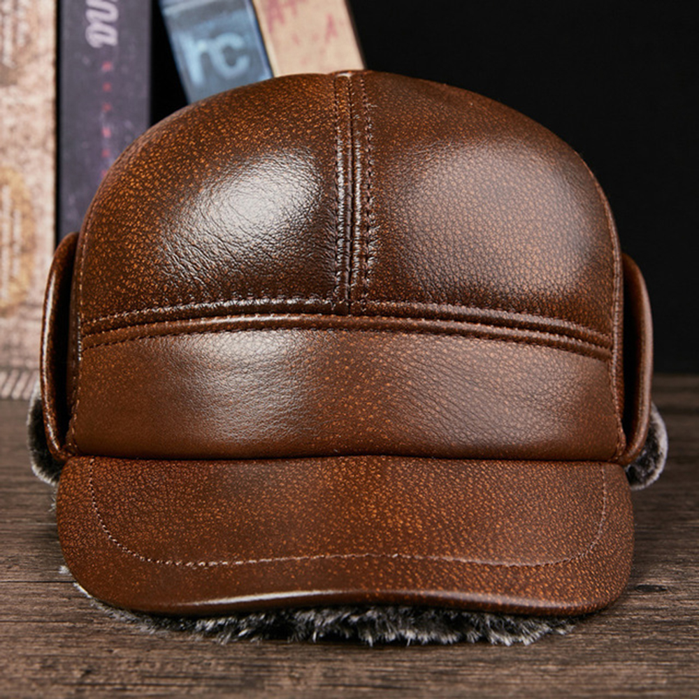 Trapper Hat Men's Thick Warm Outdoor Earmuffs Cotton Hat Leather Hat Baseball Cap
