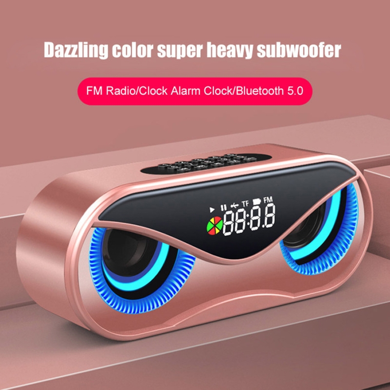 M6 Portable Bluetooth 5.0 Speaker Owl Alarm Clock Wireless 6D Surround Sound Stereo Speaker Support TF AUX FM Radio (Black)