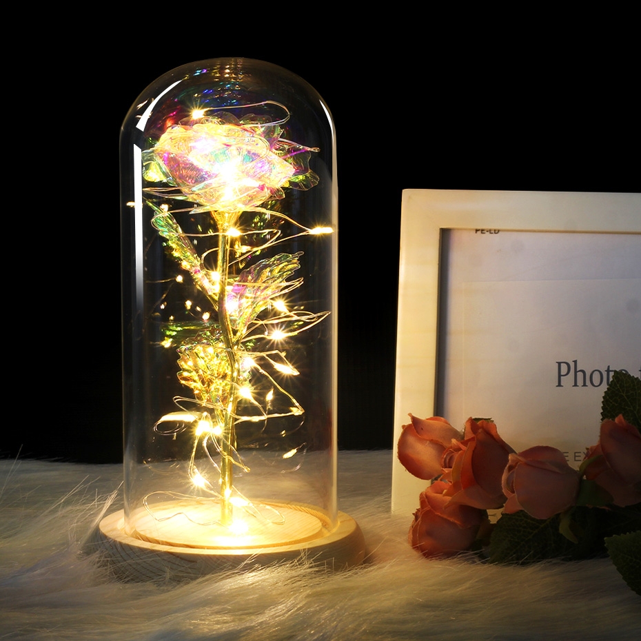 Simulation Roses Lights Glass Cover Decorations Crafts Valentines Day Gifts (Gold Foil Rose Blue)