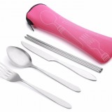 ASD88 4 Pcs/Set Stainless Steel Fork Spoon Chopsticks Travel Camping Cutlery Tools Tableware (Sky Blue)
