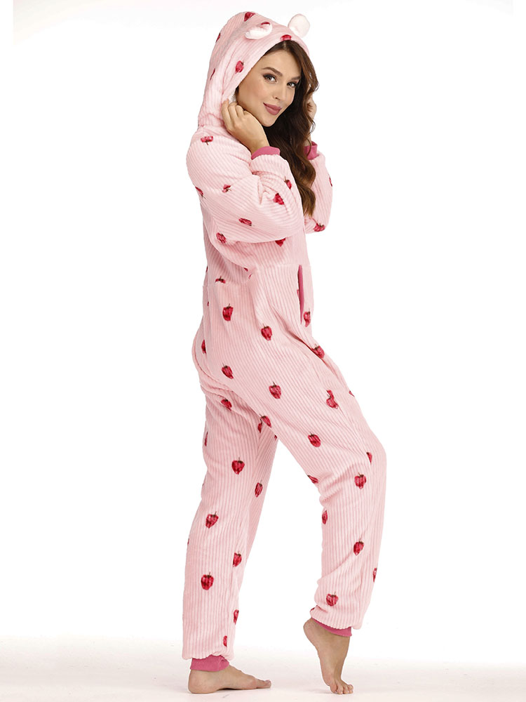 Hoodie Front Zipper Long Sleeve Flannel Printing Jumpsuits With Pocket Pajama Set