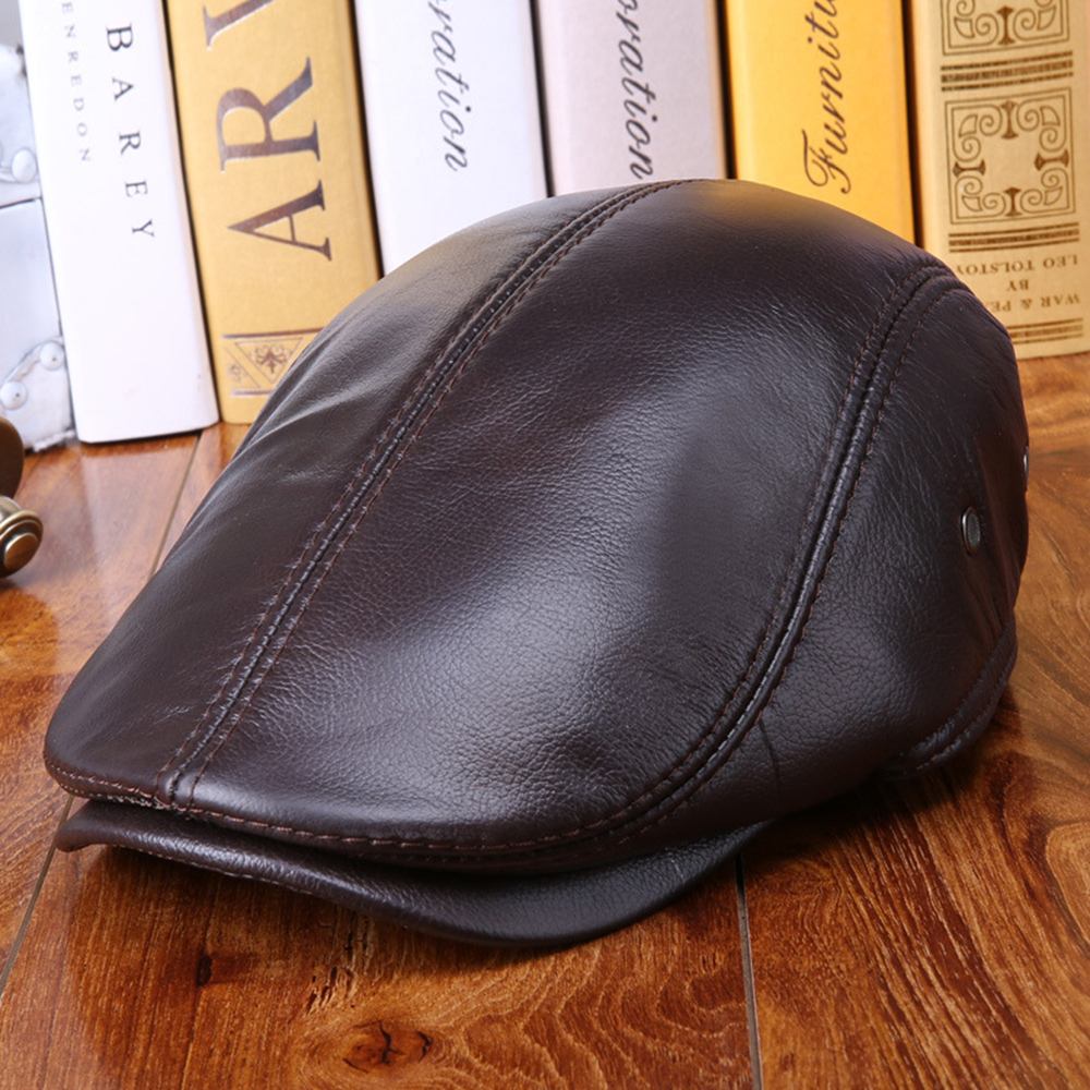 Men Vintage Genuine Leather Beret Caps Outdoor Caps Adjustable