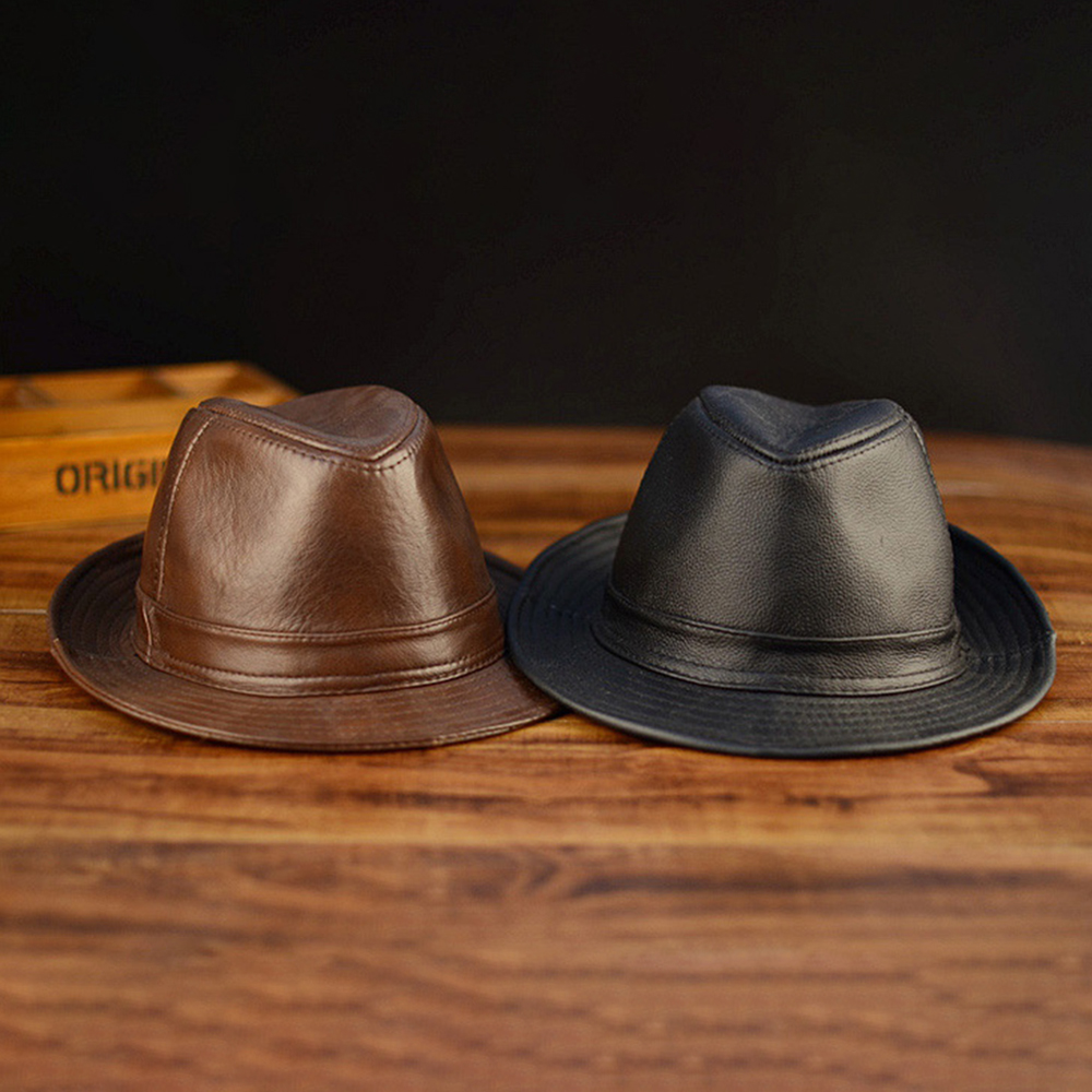 Mens Leather Hat Cowhide Hat Outdoor Leather Hat Jazz Hat Gentleman Cowboy Hat