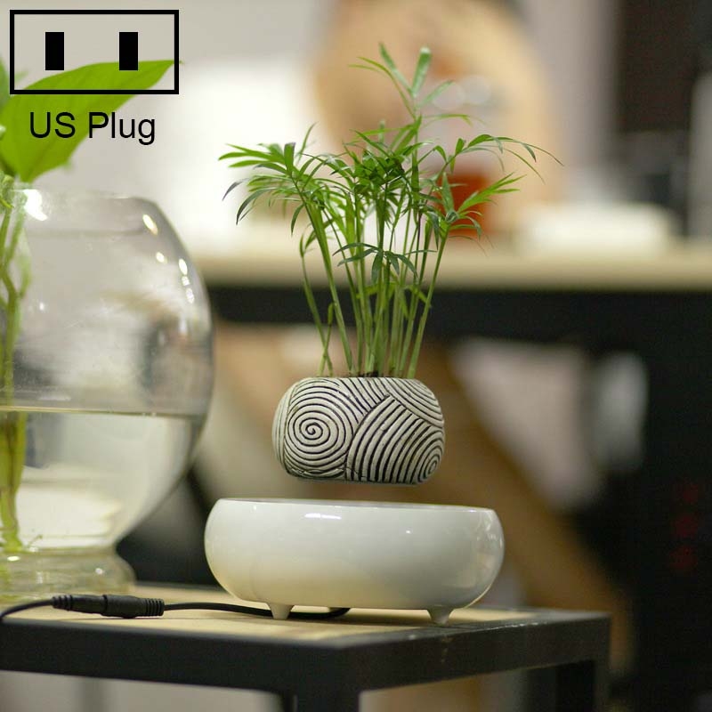 Dark Color Stripe Flower Pot + Imitation Ceramic Resin Base Magnetic Levitation Potted Plant Home Decoration, US Plug