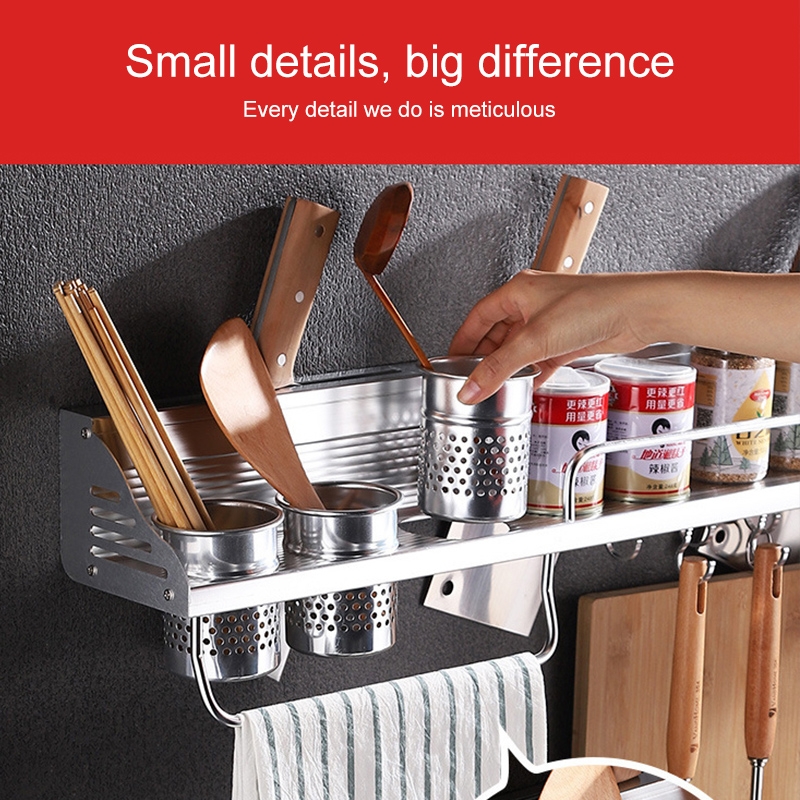 50cm 2 Cups 8 Hooks Multi-function Kitchen Punching Wall-mounted Plastic Edge Condiment Holder Storage Rack