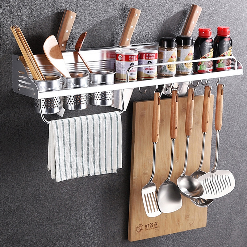 80cm 3 Cups 10 Hooks Multi-function Kitchen Punching Wall-mounted Plastic Edge Condiment Holder Storage Rack