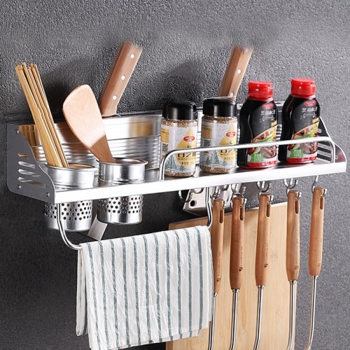 60cm 2 Cups 10 Hooks Multi-function Kitchen Punching-free Wall-mounted Plastic Edge Condiment Holder Storage Rack